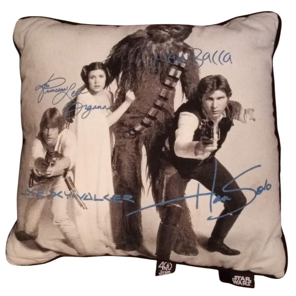 Star Wars Signed Character Pillow Han, Luke, Chewbacca & Leia 15" By 15"